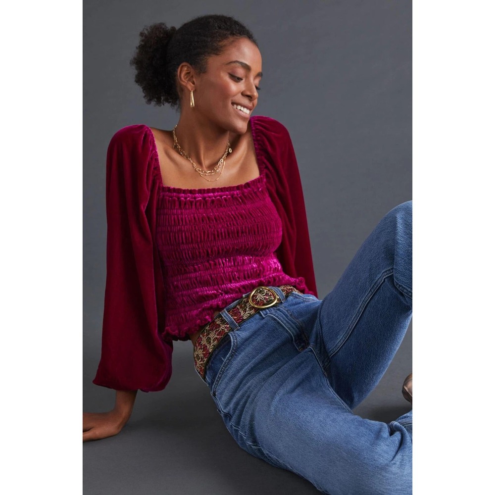 Anthropologie Womens Smocked Velvet Puff Sleeve Top Small Magenta Pink Boho